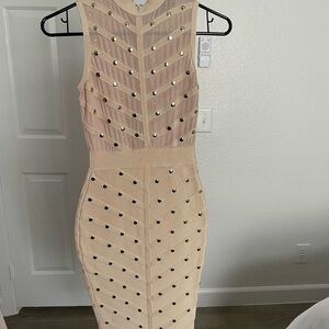 Hot Miami Styles Nude Backless Dress with Gold Accents